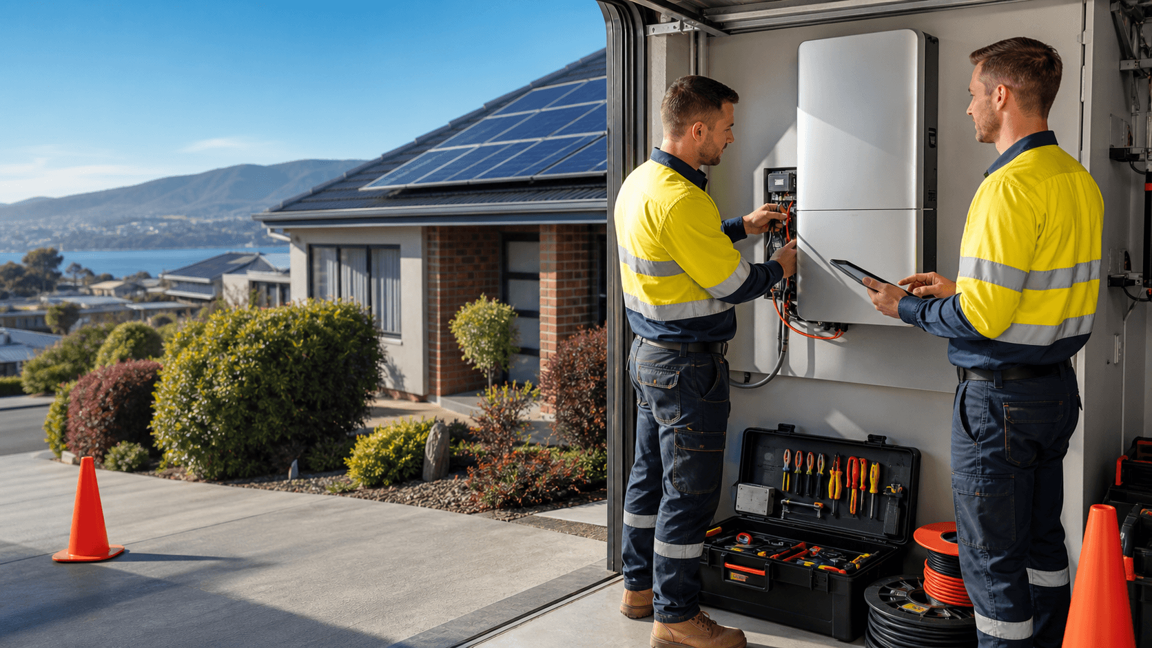 Modern Hobart home with rooftop solar panels and a wall-mounted battery, warm sunset light and a ticking clock overlay