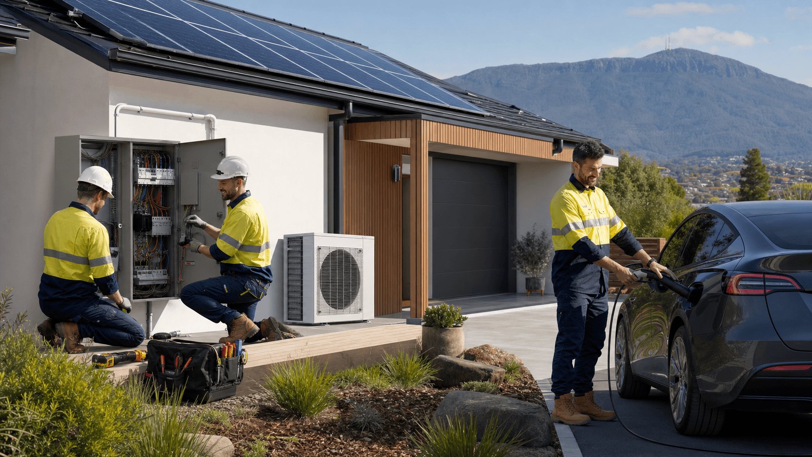 Modern home exterior with rooftop solar panels, an EV charger by the garage, and warm sunset lighting