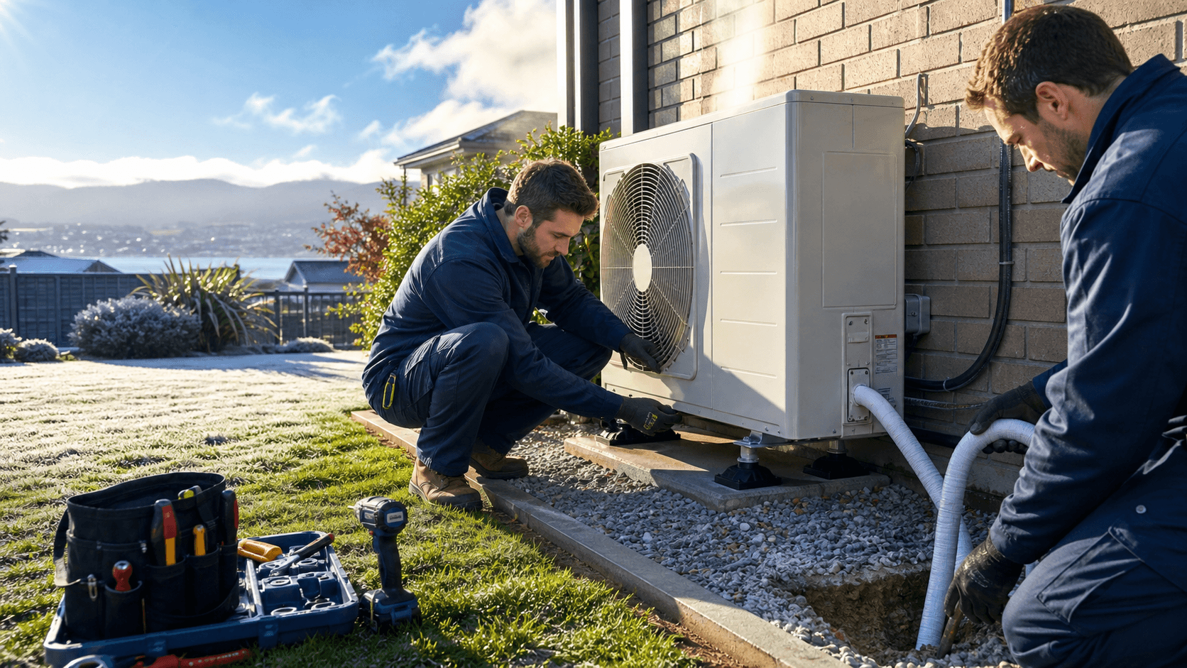Snowy backyard with an outdoor heat pump unit beside a house wall, visible frost on coils in cold blue light.
