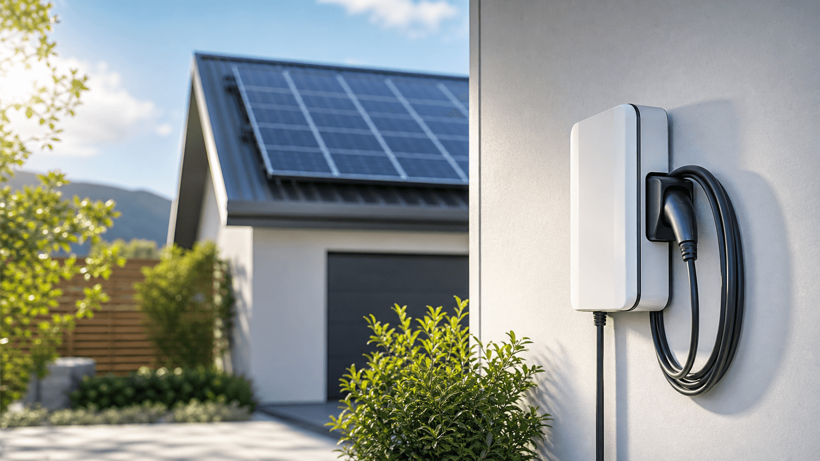 Sunlit rooftop solar panels beside a wall-mounted EV charger, with a simple calendar and timeline icons on a blue backdrop