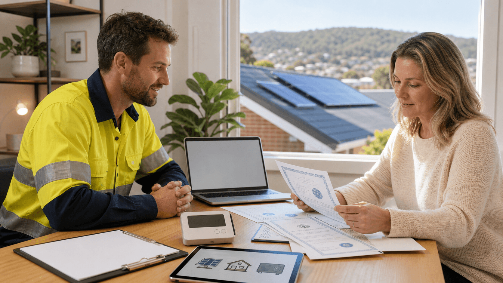 Sunlit desk with solar panel and heat pump icons on paperwork, checkmarks, and a pen beside a calculator