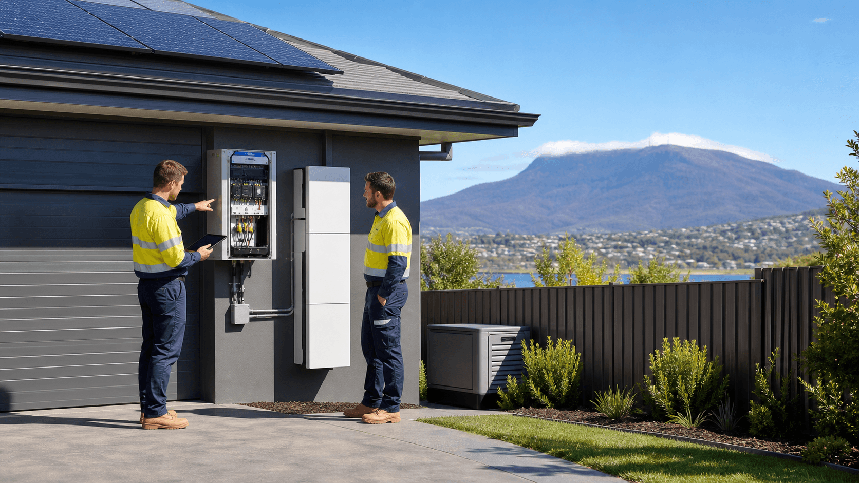 Split-view rooftop solar panels: one with battery units, the other with a standalone cabin, dusk sky and warm lights