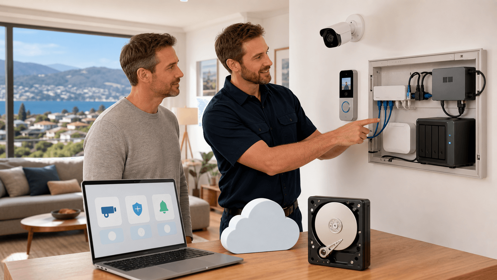 Modern house at dusk with a glowing security camera icon and cloud and hard drive symbols over a blue map backdrop