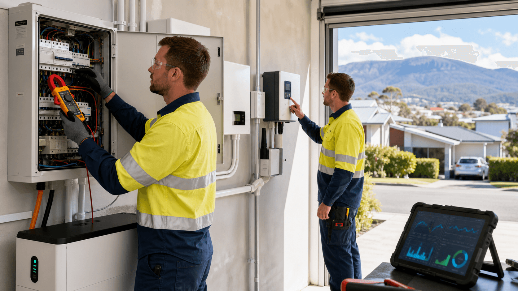 Electrician inspecting an open switchboard with meters and labeled wires, lit by daylight in a utility room